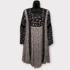 Cato Black & Pink Floral Long Sleeve Mini Tunic Dress Size Small